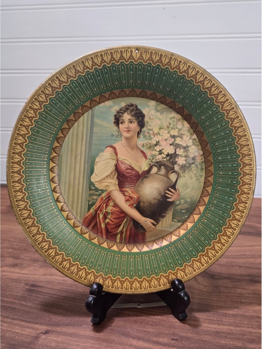 Antique 1905 Vienna Art Plate Woman with Water Urn Tin Lithograph 10"